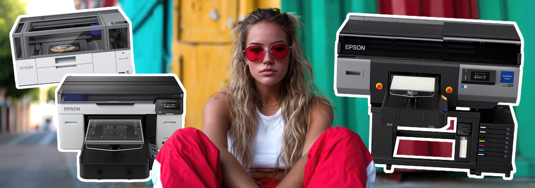 Young woman wearing red sunnies, sitting down, surrounded by Epson F1060, F2260, and F3000