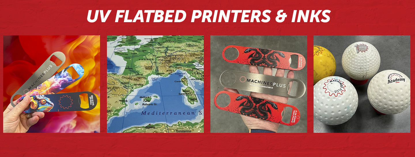 UV Print examples on bottle openers, hockey balls, and acrylic