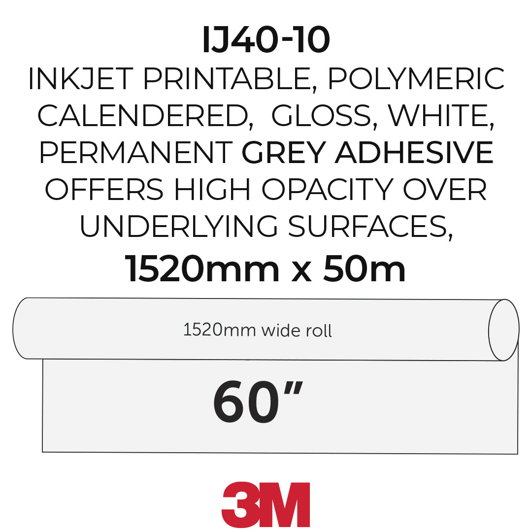 A product information graphic for 3M IJ40-10 adhesive vinyl roll. The text describes the product as inkjet printable, polymeric, calendered, gloss, white, and permanent grey adhesive with high opacity.