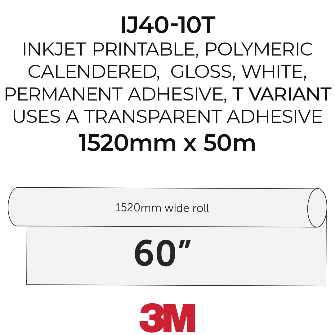 Technical product graphic for a 3M IJ40-10T adhesive roll. The text describes the product as inkjet printable, polymeric, calendered, gloss, white, and permanent adhesive, T variant using a transparent adhesive, with dimensions 1520mm x 50m.