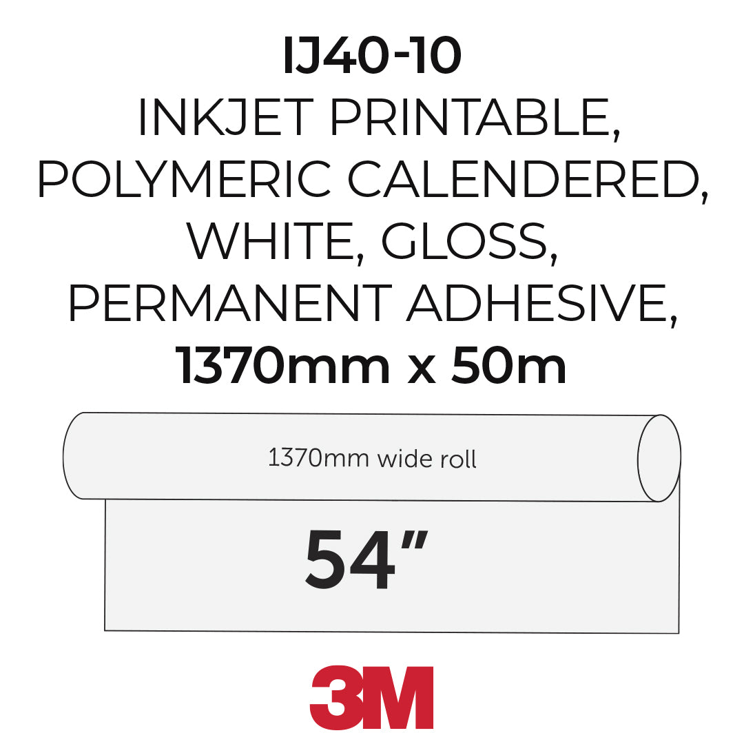 Technical product graphic for a 3M roll of adhesive tape, labeled IJ40-10, with text describing it as inkjet printable, polymeric calendered, white, gloss, and permanent adhesive, 1370mm x 50m. A roll illustration shows a 1370mm wide roll, with 54 inches printed below.