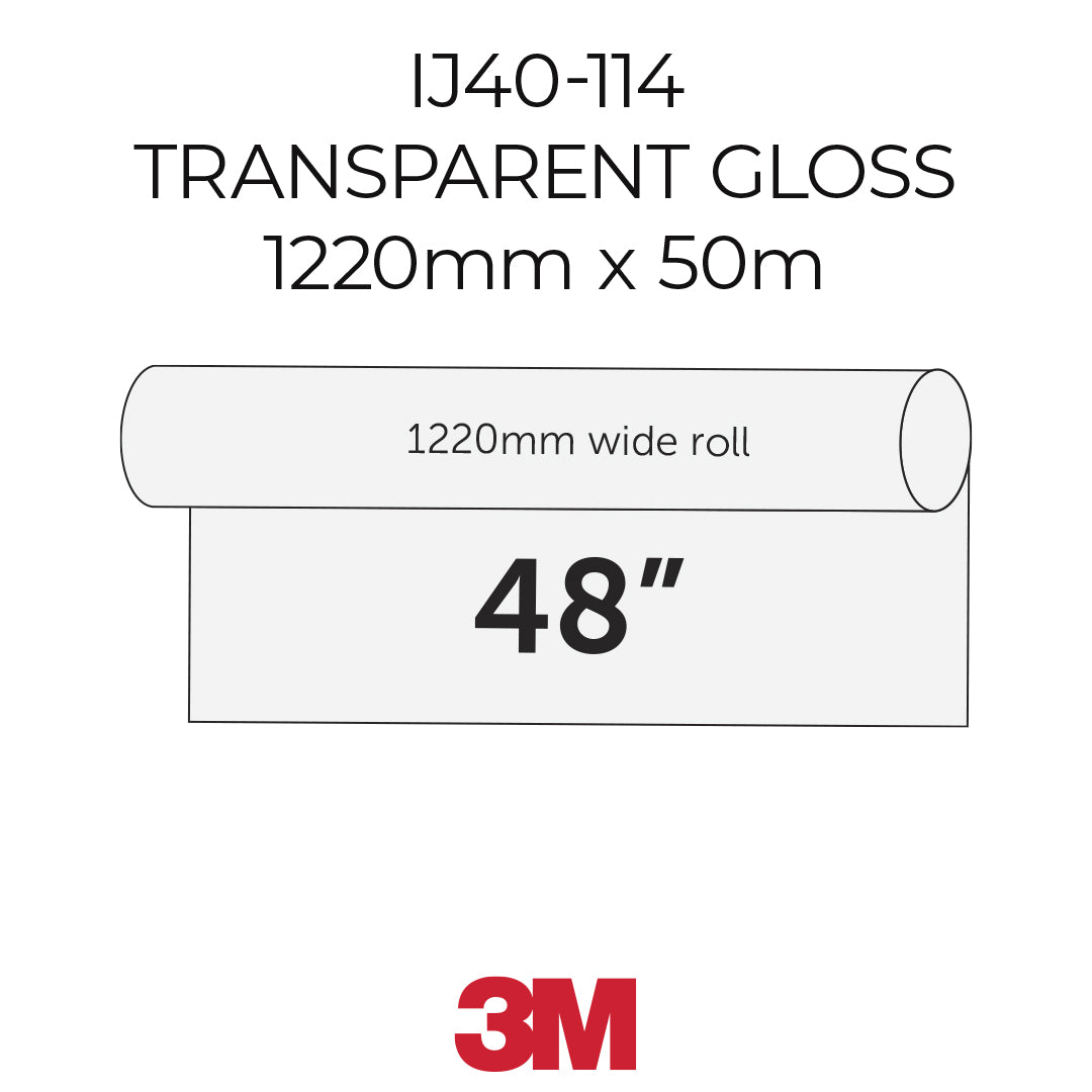 Transparent gloss roll with dimensions and 3M logo on a white background