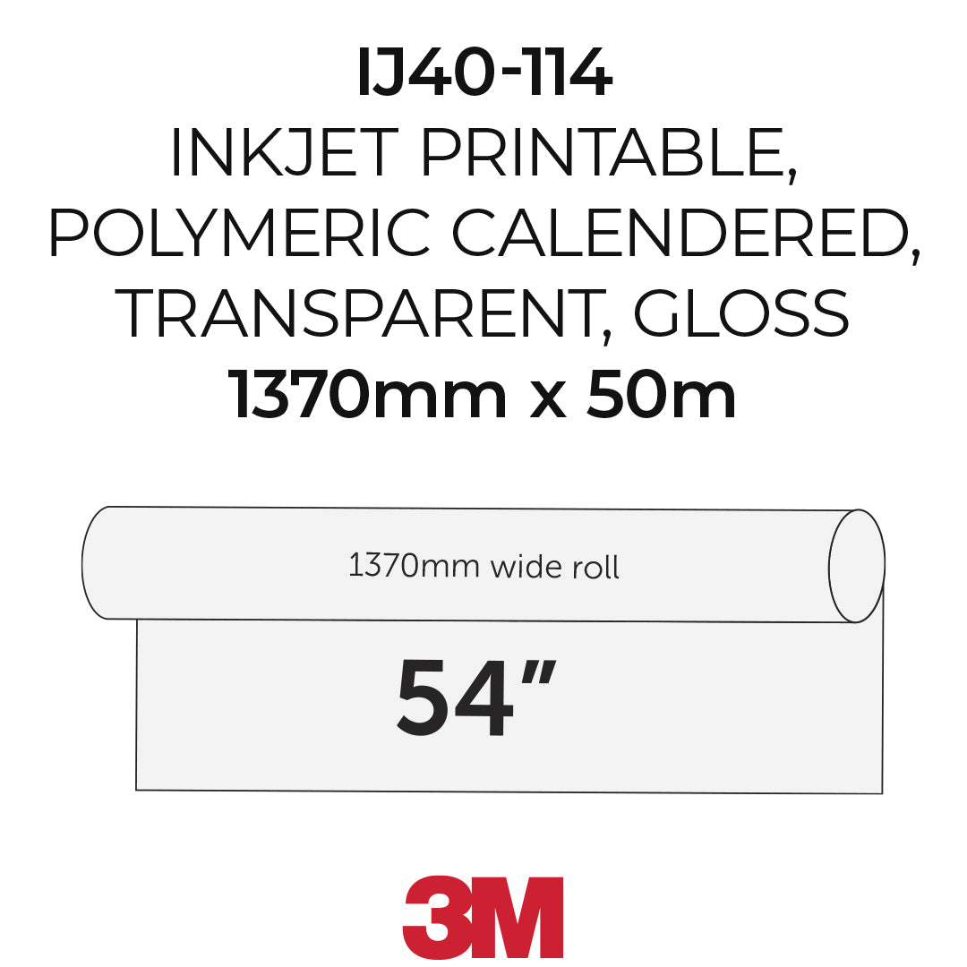 Specification graphic for a 3M roll of adhesive vinyl, model IJ40-114. The text states it is inkjet printable, polymeric calendered, transparent, and gloss, with dimensions 1370mm x 50m (45 inches by 54 inches).