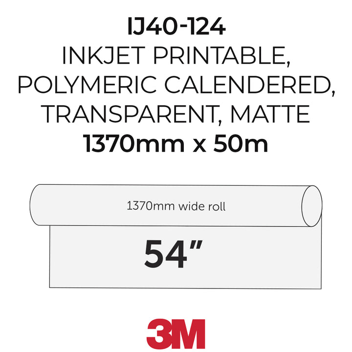 Specification graphic for a 3M IJ40-124 matte inkjet printable roll, showing a diagram of a 1370mm wide roll measuring 54 inches (1370mm x 50m) with text describing its transparent, matte, and polymeric calendered properties.