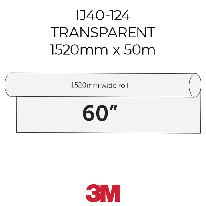 Transparent roll of material with dimensions and 3M logo on a white background