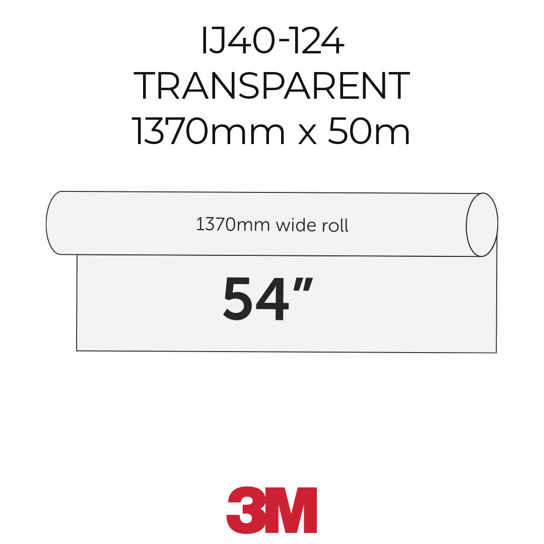 Transparent roll of material with dimensions and 3M logo on a white background