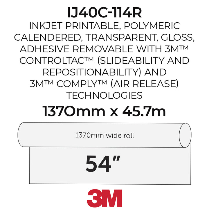 Product information graphic for a 3M IJ40C-114R roll of transfer paper. The graphic states the paper is inkjet printable, polymeric, calendered, transparent, and has a glossy finish.