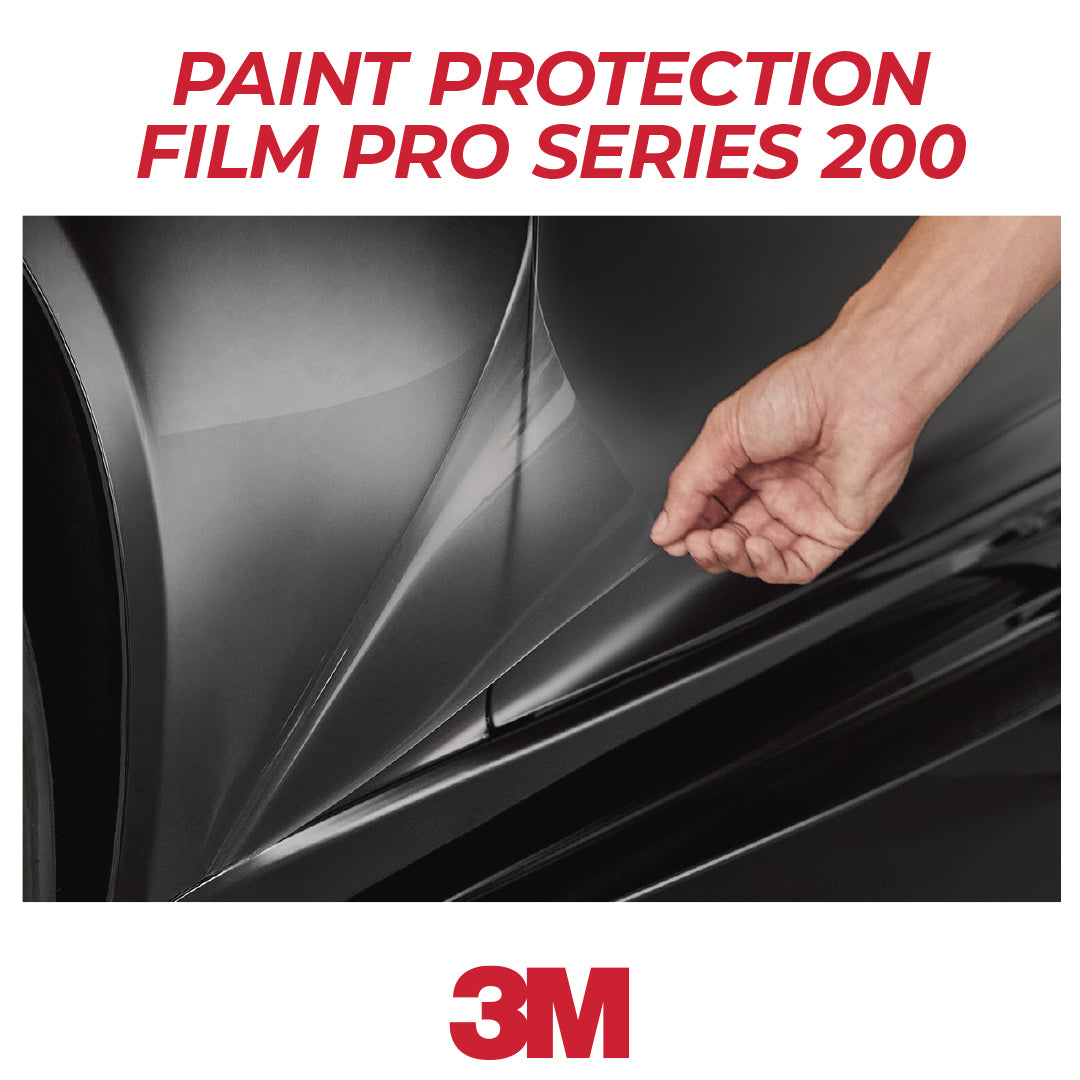 3M Paint Protection Film Pro Series 200 application on a car surface with a hand demonstrating the film's flexibility.