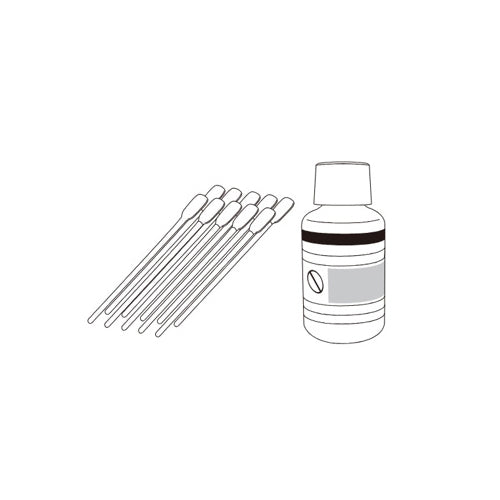 Illustration of a cleaning kit for solvent printers, including a bottle labeled TR2-CL and several cleaning swabs.