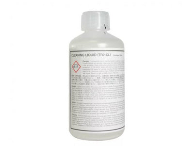 A 500 ml bottle of Roland Cleaning Liquid TR2-CL2 with label and safety instructions.