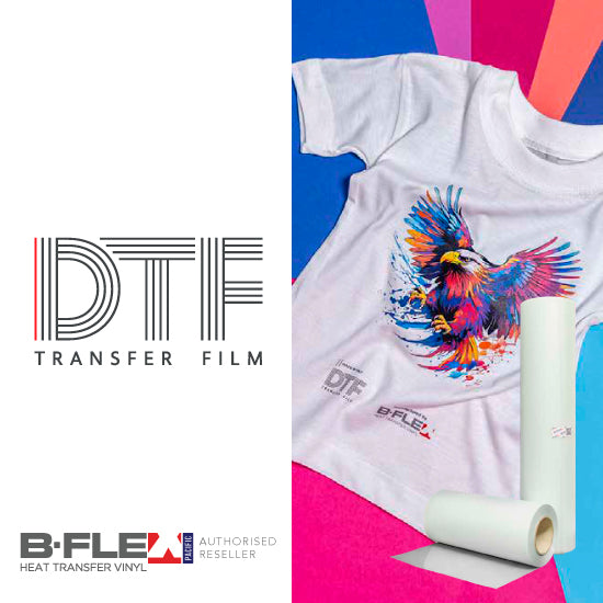 B-Flex DTF Transfer Film, B-Flex Logo and white tee with colourful eagle DTF transfer 