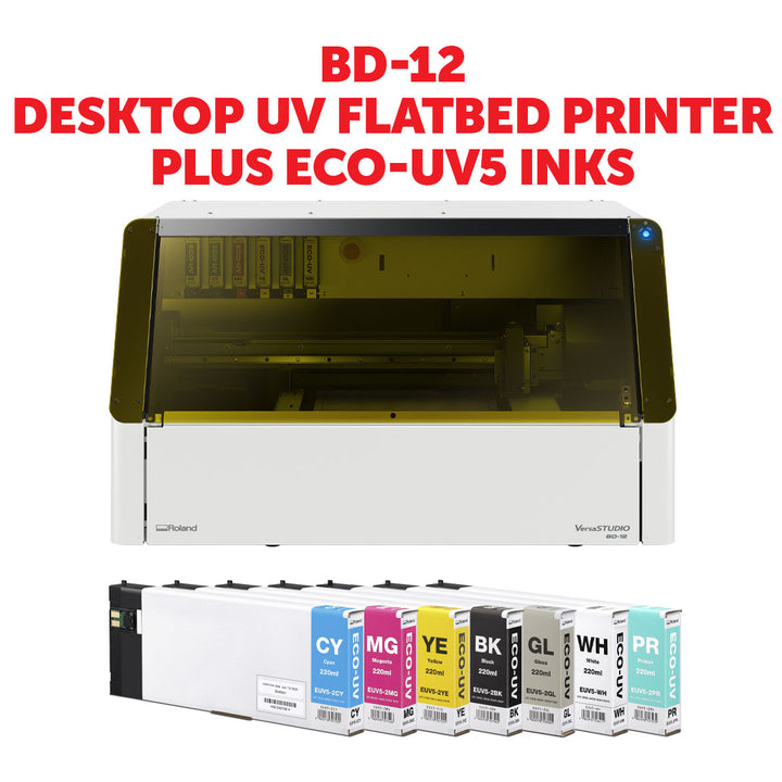 Roland DG BD-12 Desktop UV flatbed printer with eco-UV5 ink cartridges on a white background