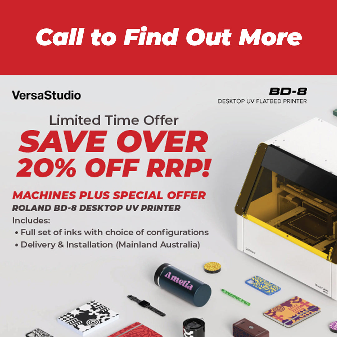 Promotional graphic for a VersaStudio Roland BD-8 desktop UV flatbed printer, featuring a white printer with a yellow interior, sample prints, and text offering a limited time save over 20% off RRP.
