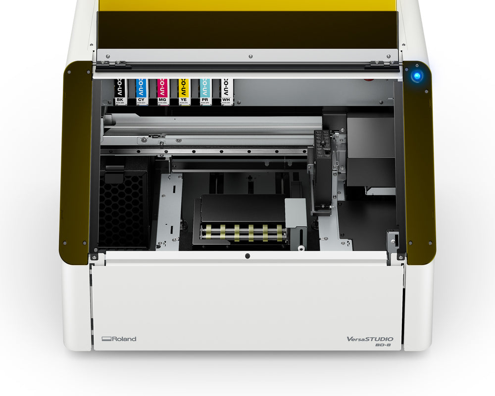 Roland DG BD-8 UV printer with cover open showing ink station and rotary unit