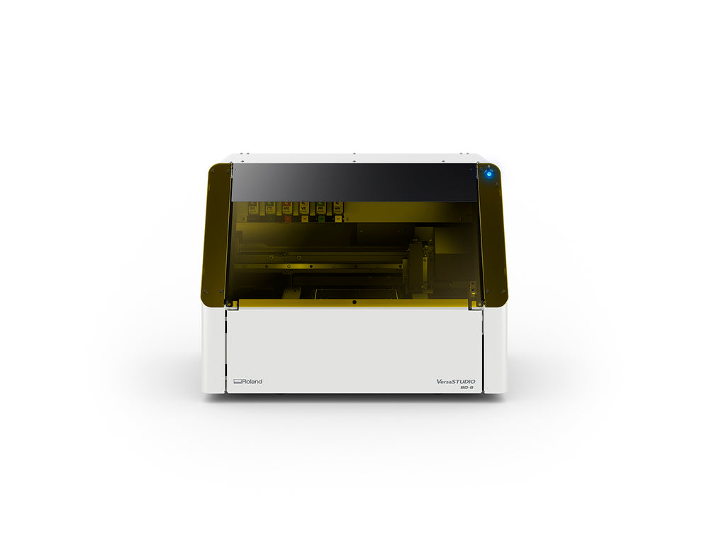 Promotional image for Roland DG BD-8 desktop flatbed UV printer 