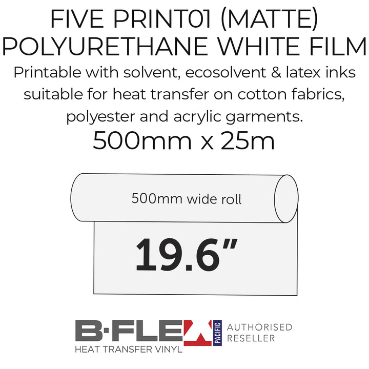 B-Flex polyurethane white film for heat transfer on fabrics with product details.