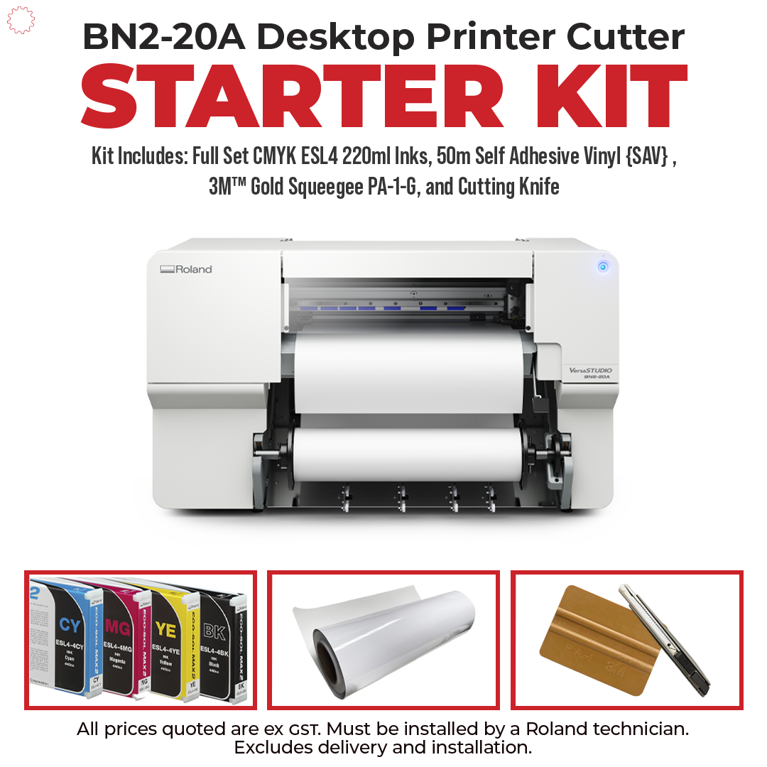 Roland BN2-20A Desktop Printer Cutter Starter Kit, featuring a white Roland printer with a paper roll loaded, plus included CMYK ES4 220ml inks, 50m self-adhesive vinyl, 3M gold squeegee PA-1-G, and a cutting knife, shown on a white background with text and product components.