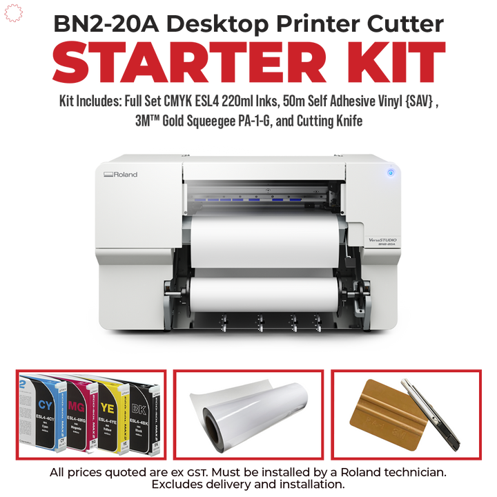Roland BN2-20A Desktop Printer Cutter Starter Kit, featuring a white Roland printer with a paper roll loaded, plus included CMYK ES4 220ml inks, 50m self-adhesive vinyl, 3M gold squeegee PA-1-G, and a cutting knife, shown on a white background with text and product components.