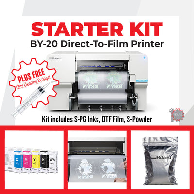 Roland DG BY-20 DTF Printer, with inks, DTF film, powder and a 12ml cleaning syringe.