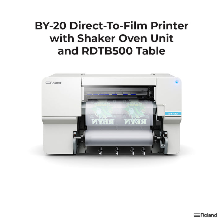 BY-20 Direct-To-Film Printer with Shaker Oven Unit and RDTB500 Table on a white background