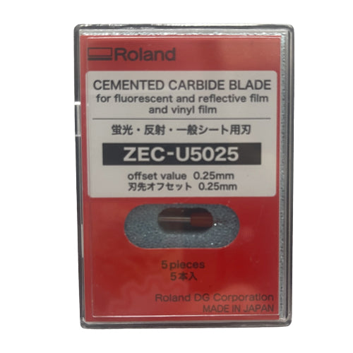 Roland ZEC-U5025 cemented carbide blade for fluorescent and reflective film and vinyl film, packaged in a clear plastic case with a red and white label.