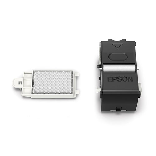 An Epson F9360 Head Cleaning Unit shown in two parts on a clean white background: a black plastic cartridge body with the EPSON logo and a white tray holding a silver-toned filter or mesh element.