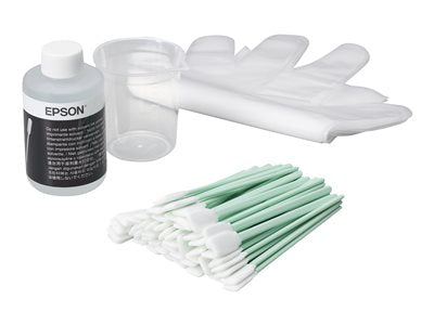 Epson printer maintenance kit including a bottle of cleaning fluid, an applicator cup, a set of cleaning sticks, and a pair of gloves.
