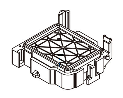 A line drawing illustration of a Roland DG replacement cap top, showing a top view of a square-shaped device with a grid pattern in the center and various components around the perimeter.