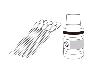 Illustration of a cleaning kit for solvent printers, including a bottle labeled TR2-CL and several cleaning swabs.