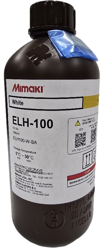 A bottle of Mimaki ELH-100 White liquid, 100ml, with a black cap and a white label, photographed on a white background.