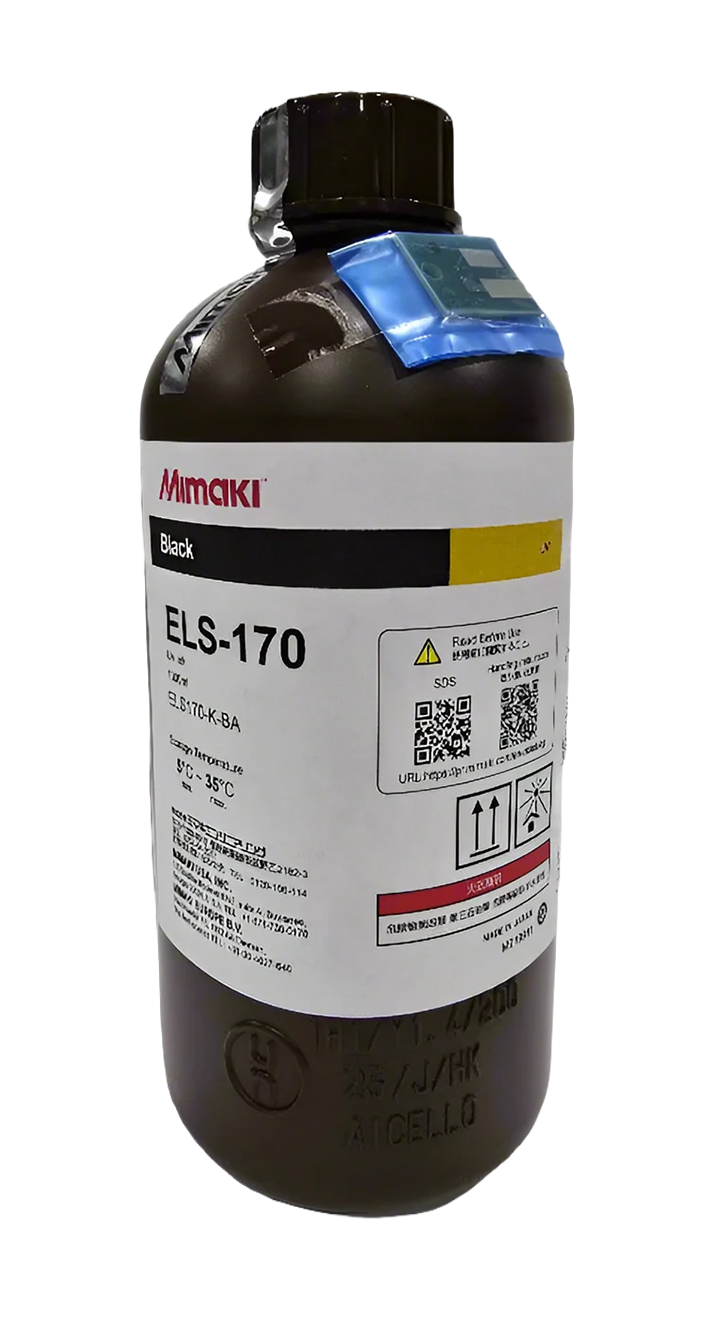 A bottle of Mimaki EL-S-170 Black ink, featuring a dark brown bottle, a white label with black and yellow text, and a blue seal on the cap, set against a plain white background.