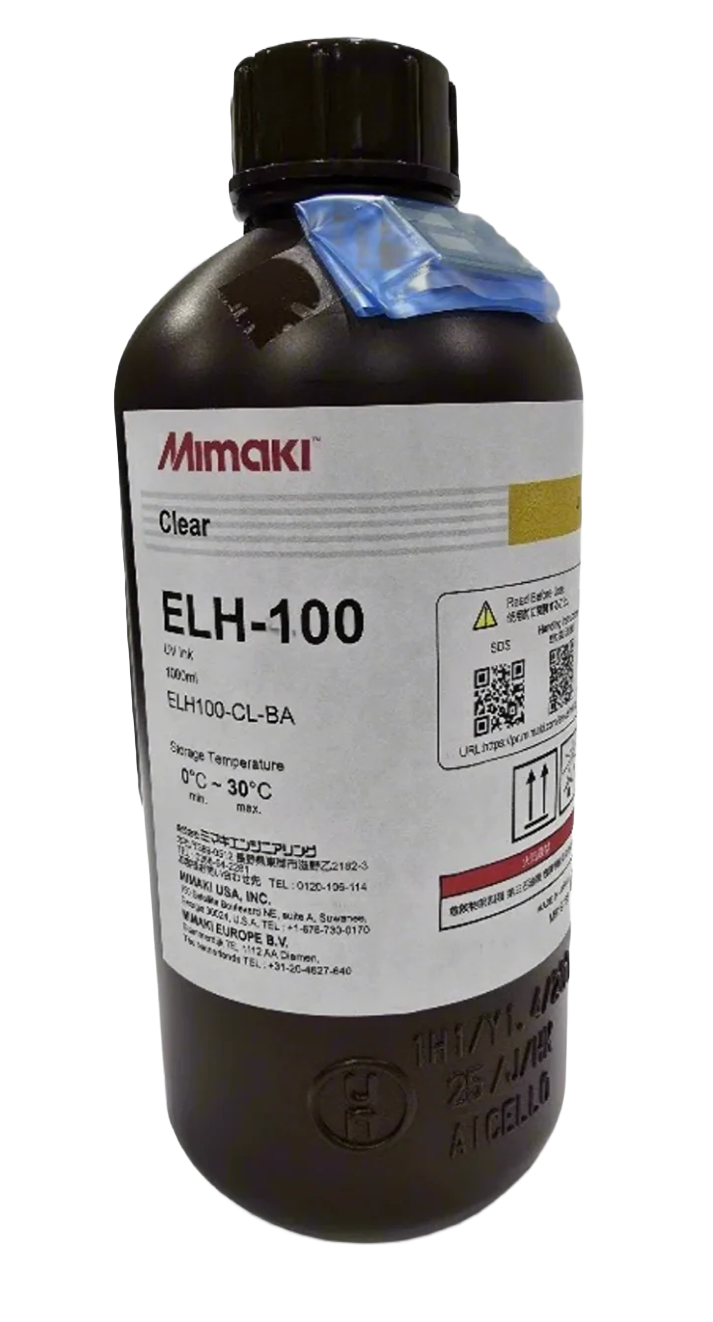 A bottle of Mimaki Clear ELH-100 liquid, model ELH100-CL-BA, with a black cap and a white label, sealed with a blue plastic band.