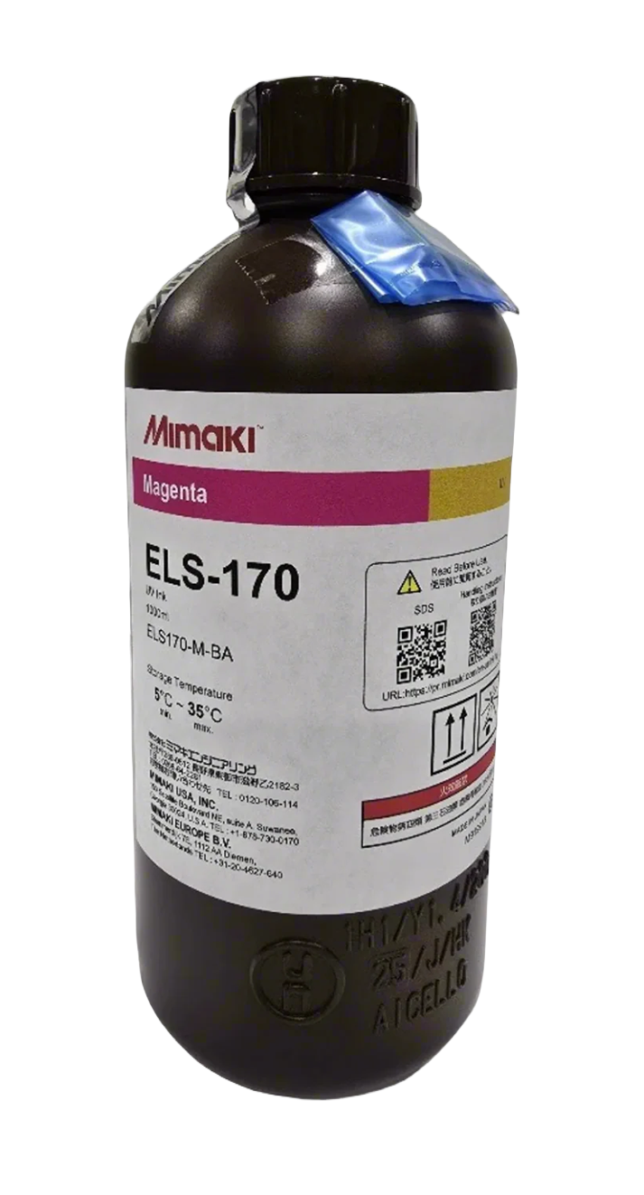 A bottle of Mimaki Els-170 Magenta ELF ink, 25 ml, in a dark brown bottle with a white and magenta label, on a white background.