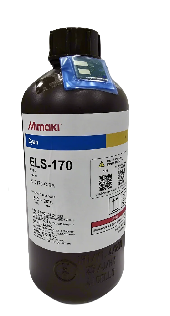 A bottle of Mimaki Cyan ELS-170 photo developer liquid, 500ml, with a black cap and a white label featuring blue and yellow accents, shown on a white background.
