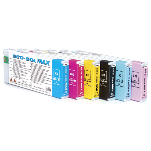 A set of Eco-Sol Max printer ink cartridges in cyan, magenta, yellow, black, light blue, and light pink, arranged in a row with their outer boxes visible behind them on a white background.