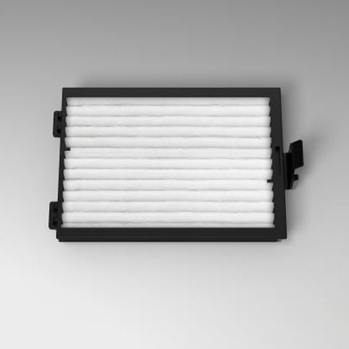 A rectangular replacement air filter with white pleated paper media inside a black plastic frame, shown on a neutral gray gradient background.