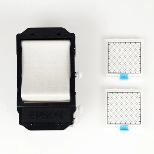 The image shows a black head wiper unit and two white flushing pads, components of the Epson SC-F3000 DTG printer head cleaning kit.