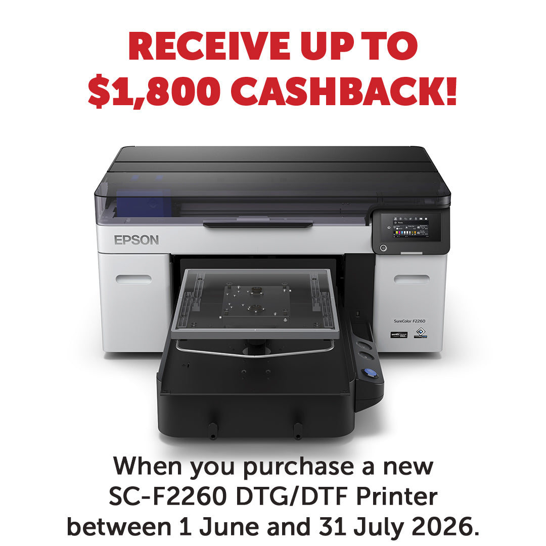 Epson SC-F2260 DTG/DTDF printer with cashback offer text on a white background