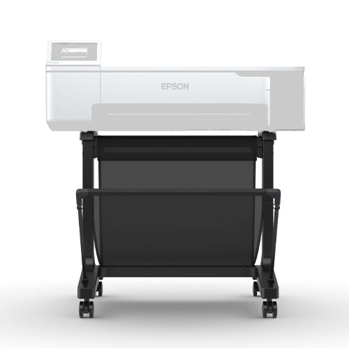 An Epson wide-format SC-F560 printer in white and grey, mounted on a black rolling display stand with a large black paper tray, shown against a clean white background.