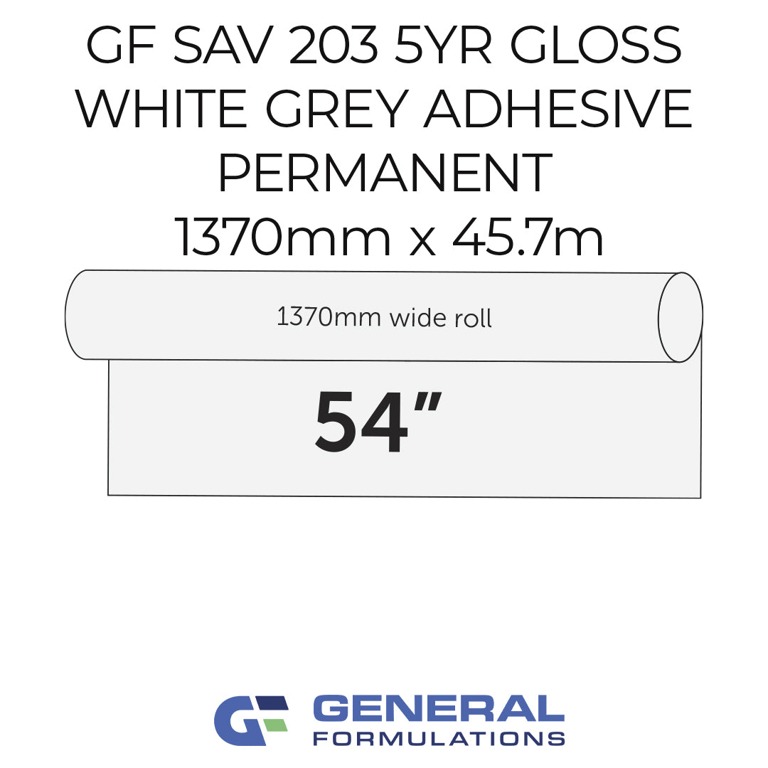 Roll of white adhesive with specifications and General Formulations logo