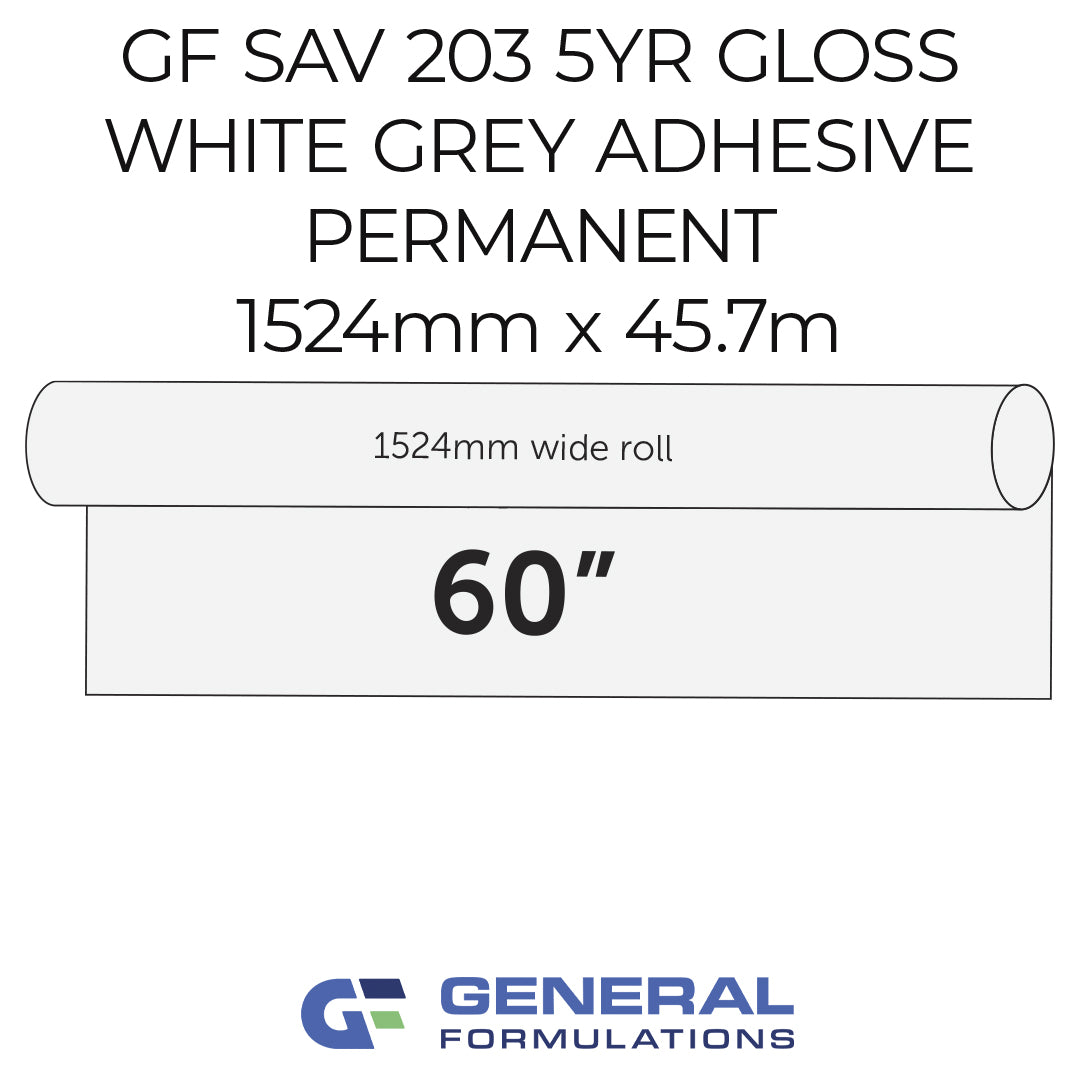 Roll of white adhesive with specifications and General Formulations logo.