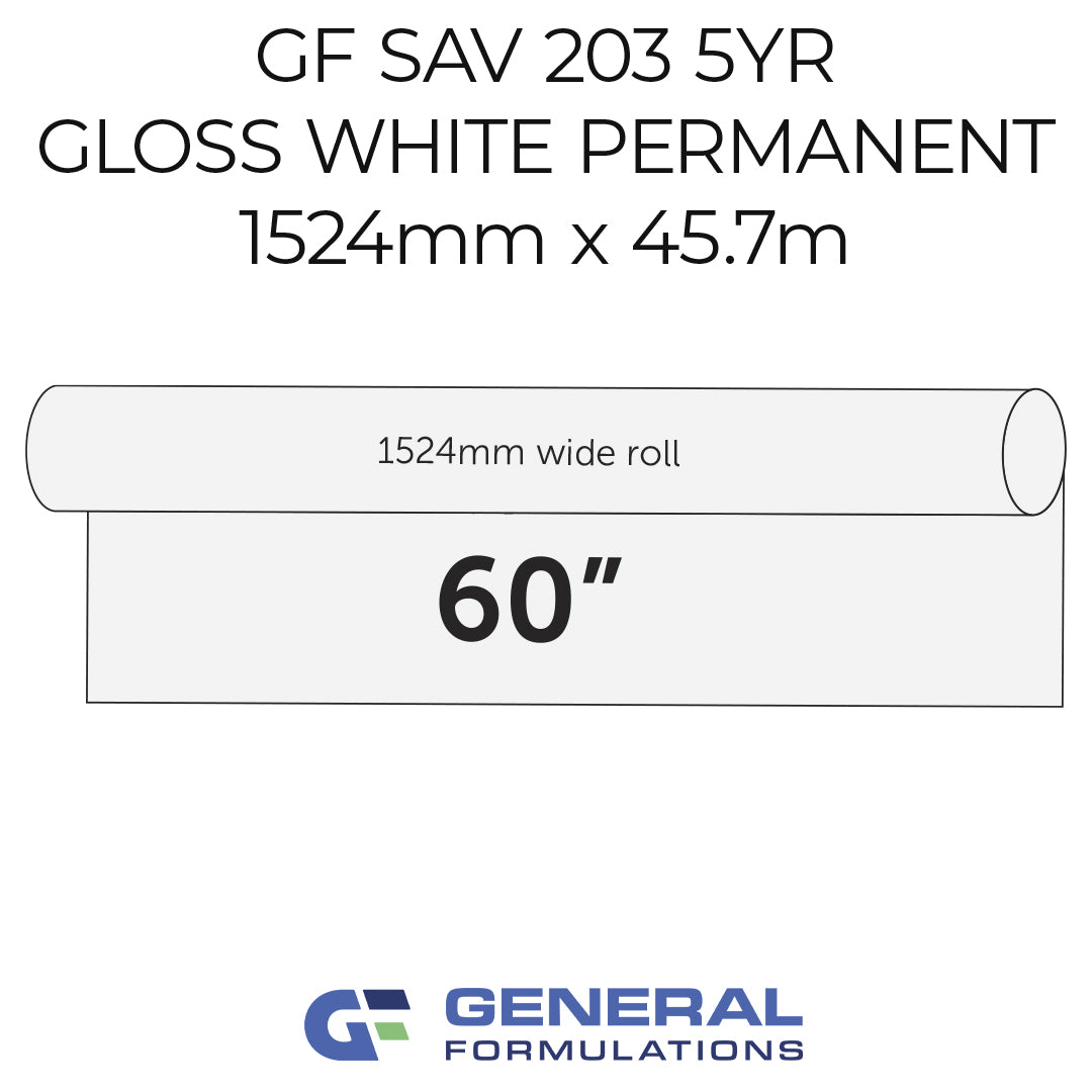 Roll of gloss white permanent vinyl with dimensions and General Formulations branding.