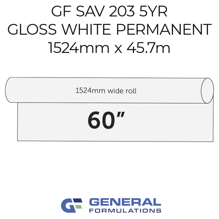 Roll of gloss white permanent vinyl with dimensions and General Formulations branding.