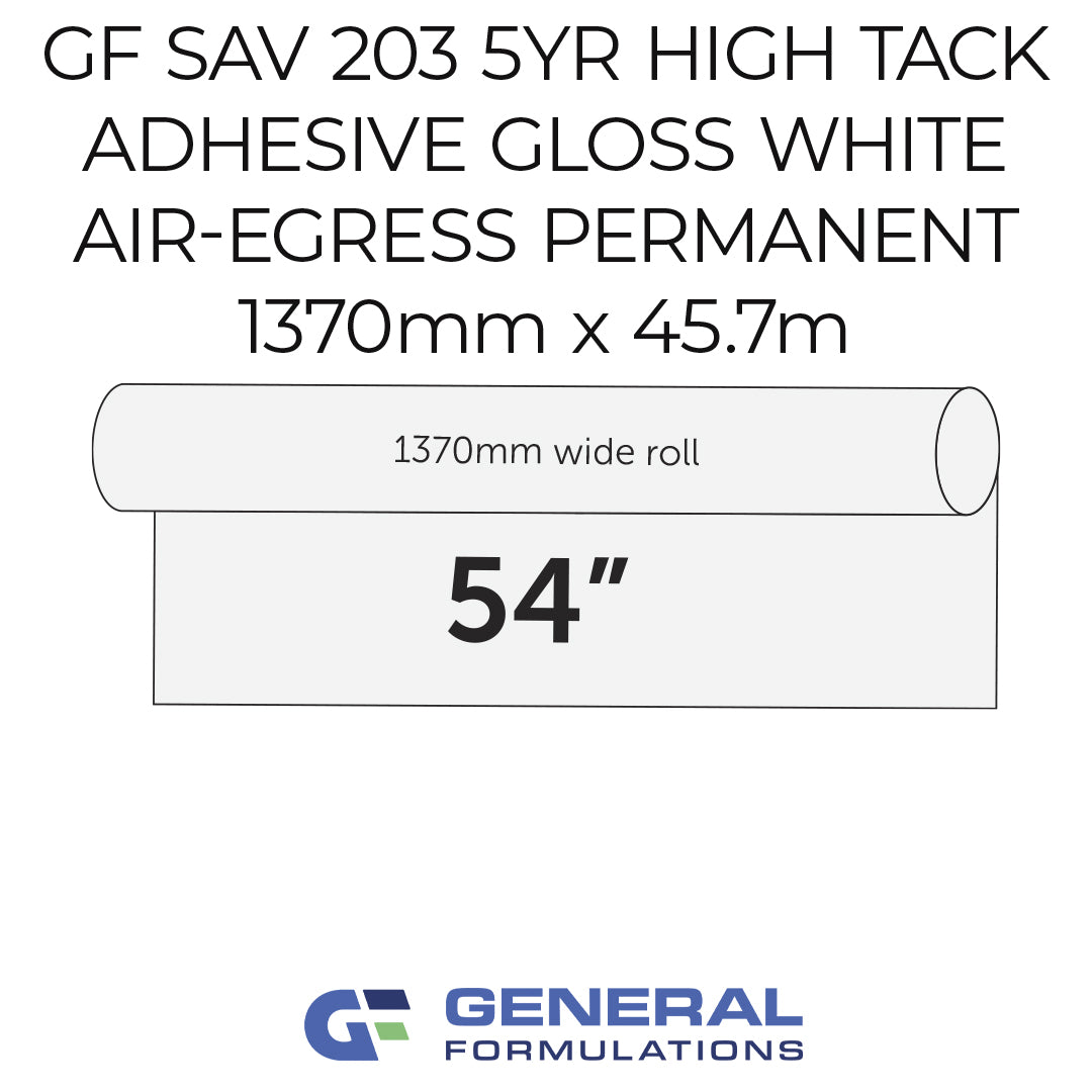 Roll of adhesive with specifications and General Formulations logo on a white background
