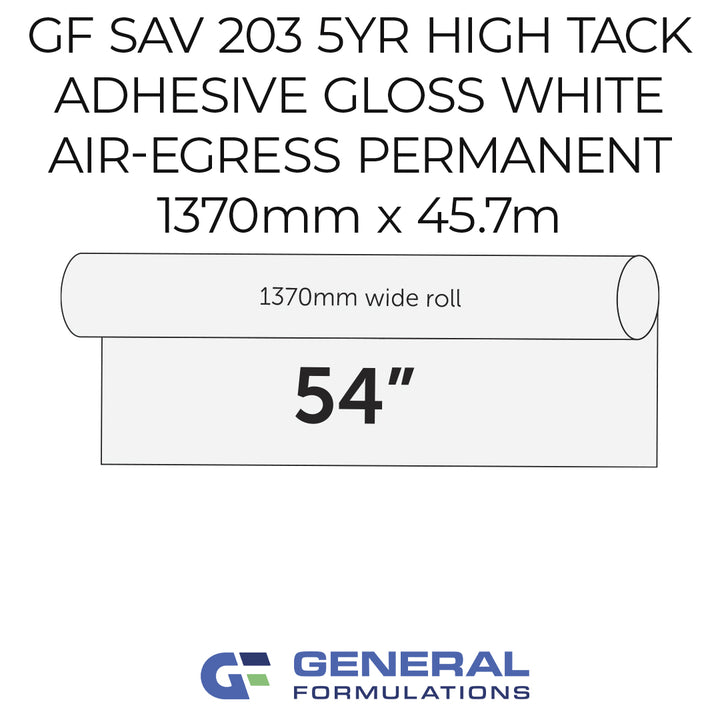 Roll of adhesive with specifications and General Formulations logo on a white background