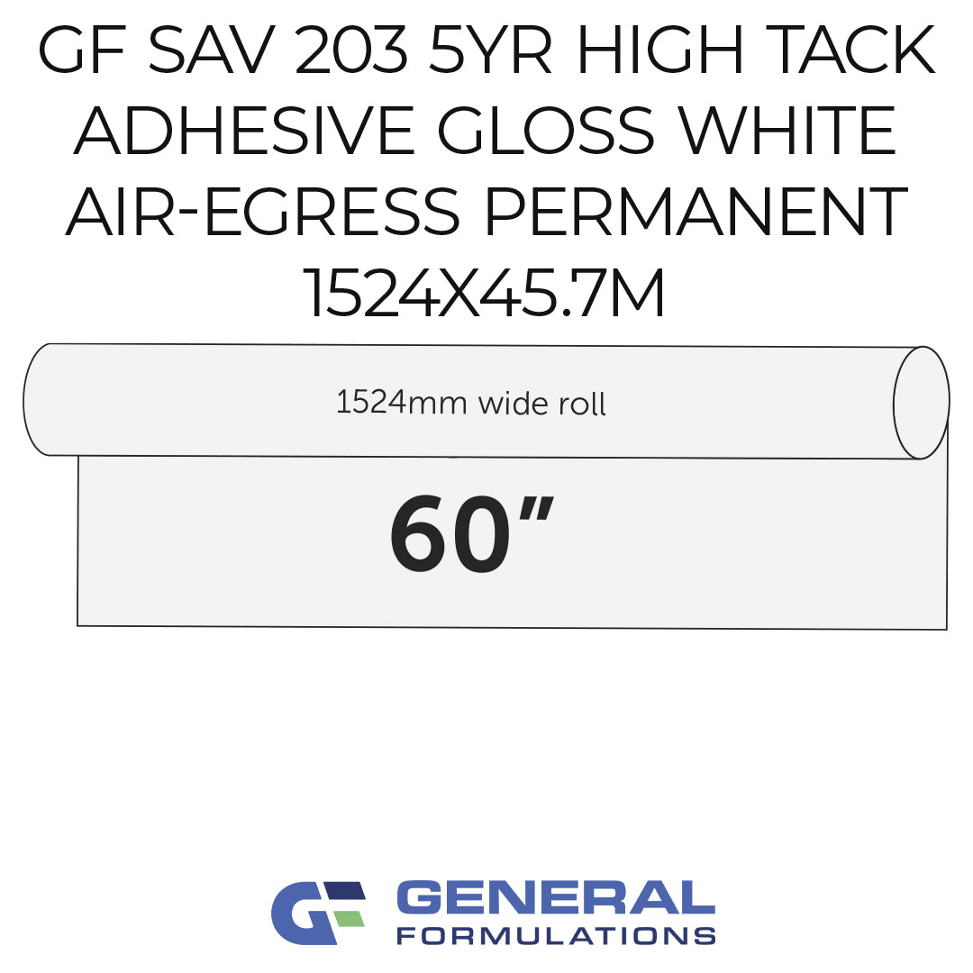 Roll of adhesive film with specifications and General Formulations logo on a white background