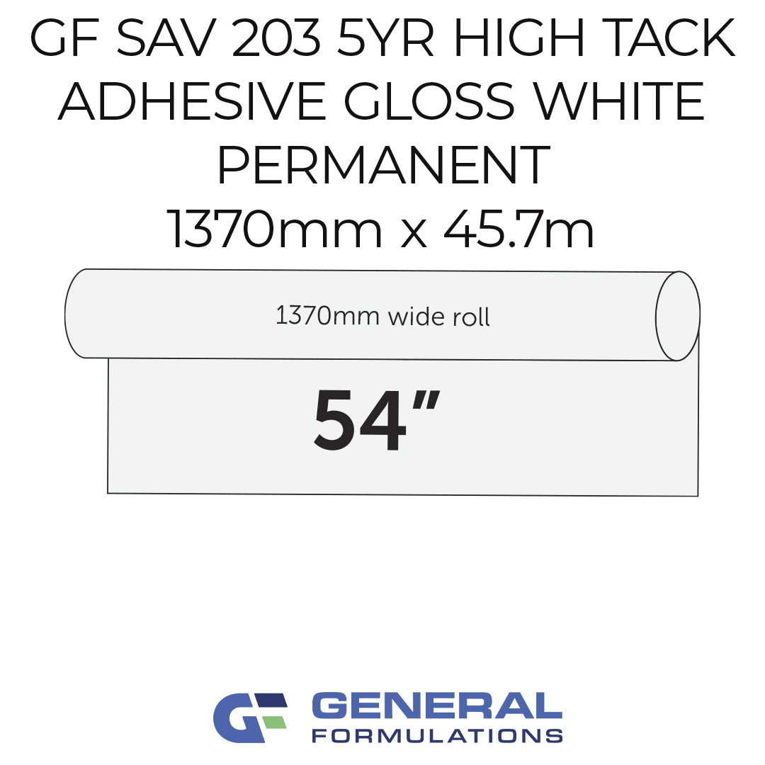 Roll of adhesive with specifications and General Formulations logo on a white background