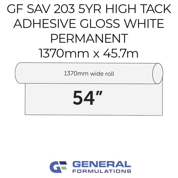 Roll of adhesive with specifications and General Formulations logo on a white background