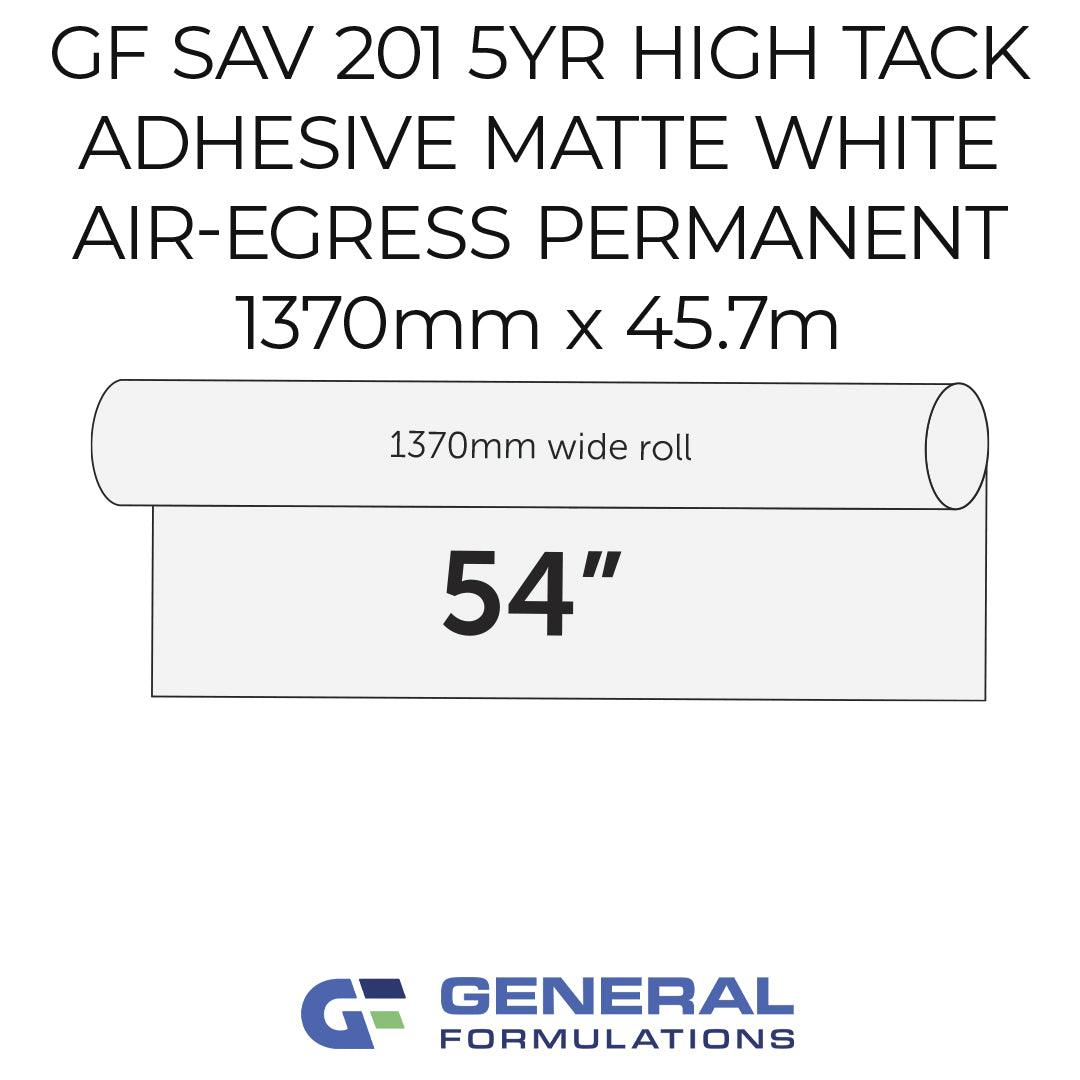 Product label for GF SAV 201 high tack adhesive with General Formulations logo.