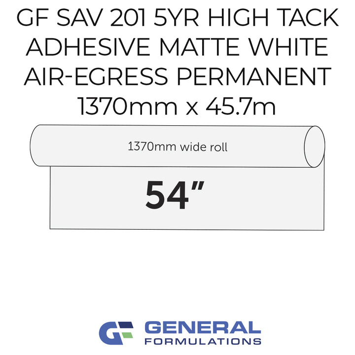 Product label for GF SAV 201 high tack adhesive with General Formulations logo.